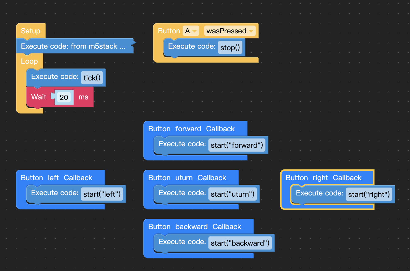 UIFlow 1.x 實際畫面：main.m5f（Setup 貼程式庫、Loop、A 鍵、5 個 Remote+ 按鈕）